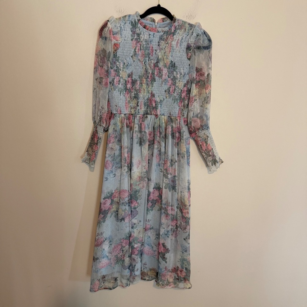Ivy City Co midi chiffon dress S floral long sleeve smocked coquette wedding